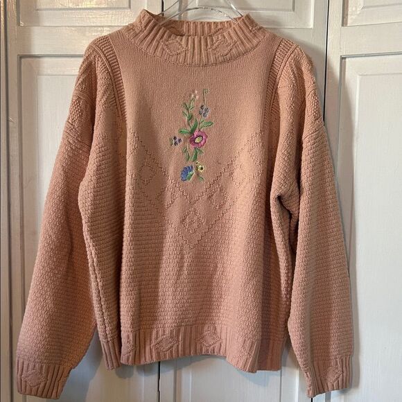Vintage Sweaters - Vintage Mock-Nexk Embroidered Pink Sweater - Size L
